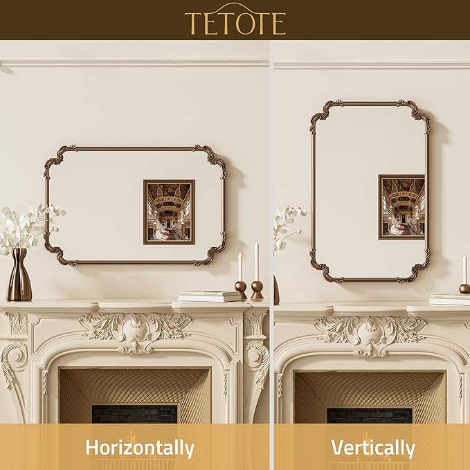 TETOTE Vintage Baroque Gold Rectangle Mirror for Wall 22 x 30 Antique Brass Scroll Frame French Mantle Mirror for Fireplace Bathroom Living Room Bedroom Decor, Horizontal/Vertical