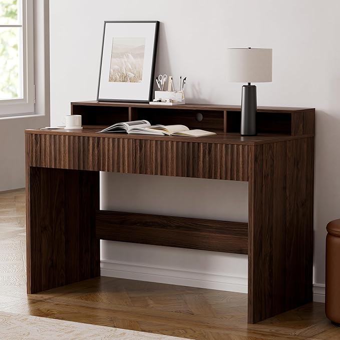47" Executive Desk with Fluted Drawer, Modern Home Office Desk with Long Monitor Stand and 2 Drawers, Computer Writing Desk for Study Office Vanity, Brown