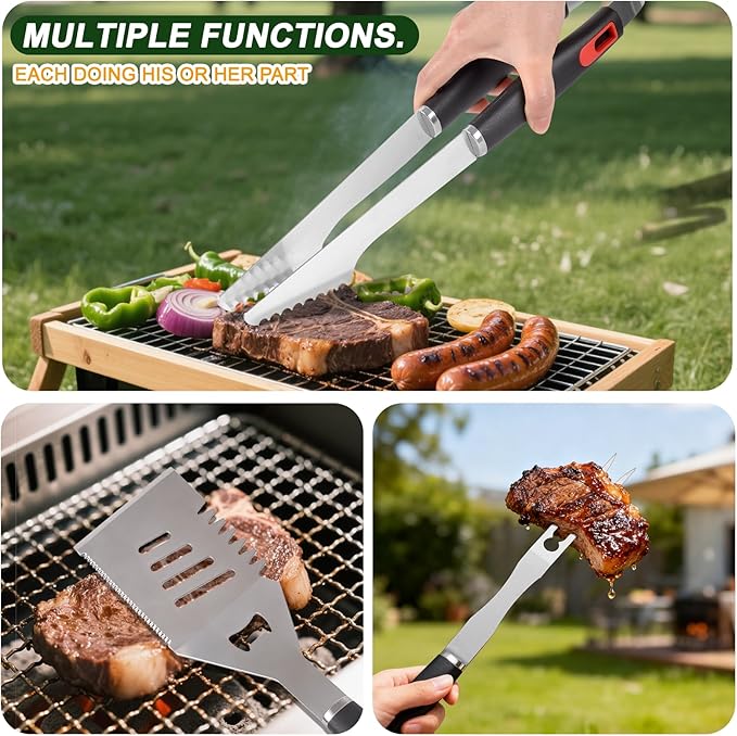 YJHOLE Grilling Accessories Set Spatula Fork Cleaning Brush Food Tongs Carving Knife Basting Brush Durable Stainless Steel BBQ Grill Tools with Extra Thick Storage Case BBQ Accessories Grill Set