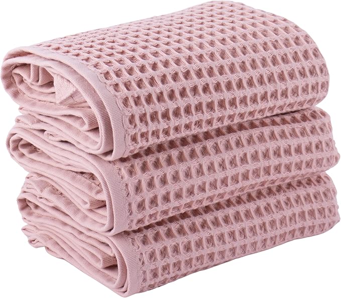 PÜSKÜL Natural 100% Turkish Cotton Waffle Kitchen Towels Set of 3 | Oeko-Tex, Premium Waffle Hand Towels for Bathroom | Soft Absorbent Quick-Dry Lint-Free Dish Towel Large 32x16 inch (3, Pink Powder)