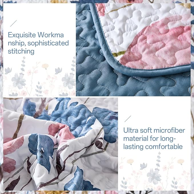 Anibedding Dark Blue Quilt Set King, Floral Bedspread Soft Microfiber Lightweight King Size Quilt Bedding Sets Flower Coverlet for All Season(King, 104"x90")