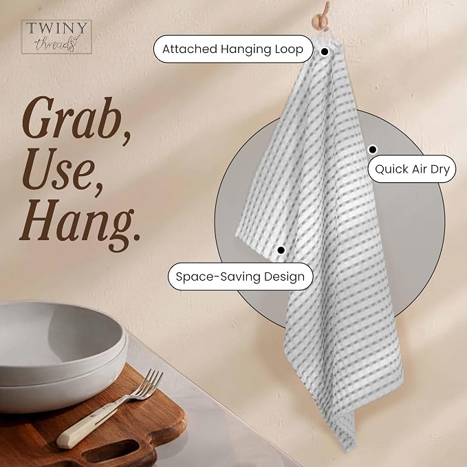 TWINY threads Waffle Kitchen Dish Towels Pack of 4, 100% Cotton 16"x26" Dishcloths Set, Soft, Durable & Highly Absorbent Waffle Weave Tea Towels for Everyday Kitchen Use, Light Grey, White