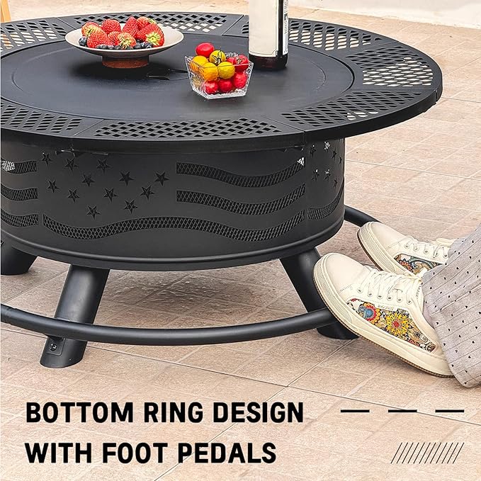 Panovue 36 Inch Fire Pit with 2 Cooking Grates, Outdoor Wood Burning BBQ Grill Firepit Bowl with Cover Lid, Steel Round Table for Backyard Bonfire Patio Picnic (Black, 36IN)
