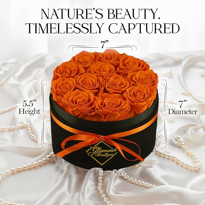 GLAMOUR BOUTIQUE Flowers Forever Gift Box 12 Real Preserved Roses in a Velvet Black Box, Birthday Rose Gift for Wife Mom and Her, Mothers Day, Anniversary, Graduation - Orange