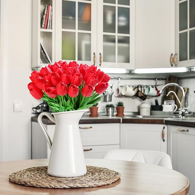 20pcs Red Tulips Artificial Flowers Fake Silk Tulips Real Touch Flowers for Spring Kitchen Wedding Home Decor Arrangements Easter Decor 14 Inch
