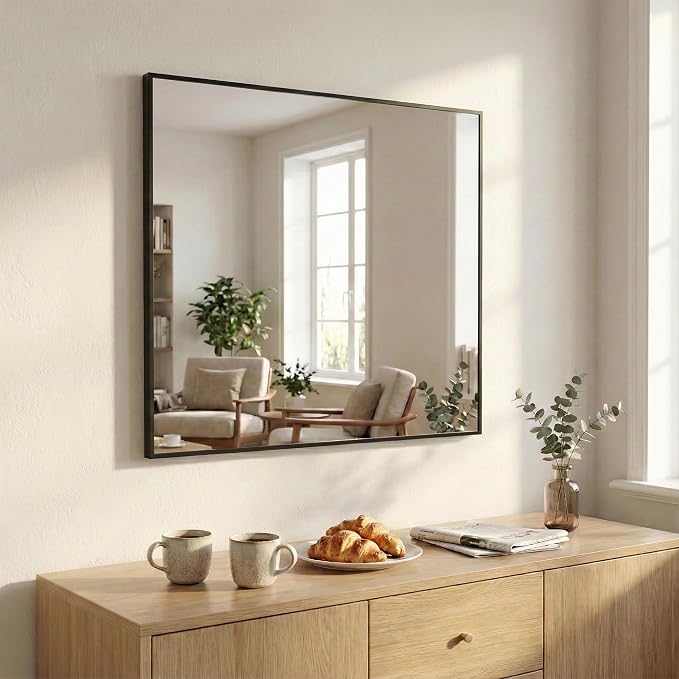 30"x30" Square Black Bathroom Mirror, Shatterproof Tempered Glass, Geometric Narrow Metal Frame Vanity Mirror, Ultra-Flush Wall-Mounted