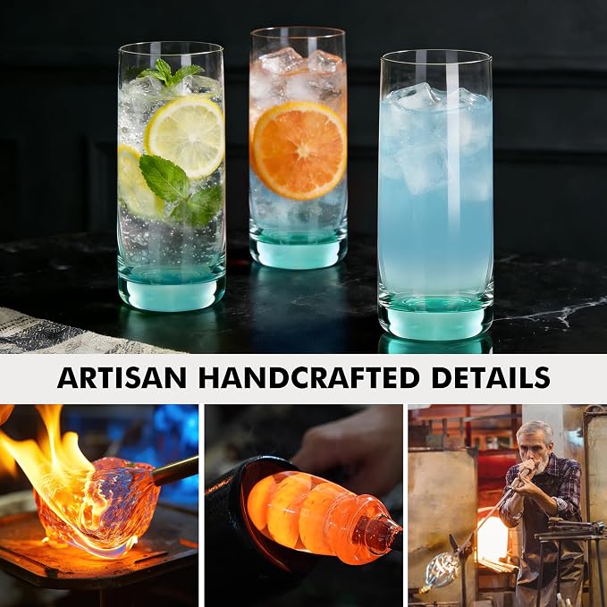 Green Highball Glasses Set of 6,13oz Drinking Glass Cups for Mixed Drink Cocktail, Beer, Mojito, Water and Juice,Thick Tall Crystal Glassware for Kitchen, Restaurant, Home Bar and Parties