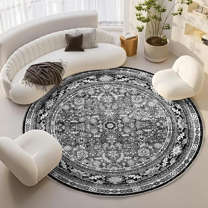 OPPODREAM Vintage Black Round Rug 8ft, 8 ft Retro Washable Circle Rug Non Slip, Low-Pile Faux Wool Circular Carpet, Distressed Floor Mat for Living Room, Bedroom, Office, Dorm, Dinning Room
