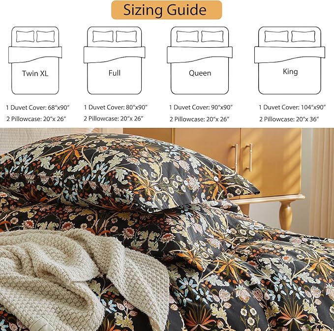 mixinni Duvet Cover Full Size, Cotton Percale Farmhouse Bedding Sets Soft Aesthetic Flowers Plants Comforter Cover for All Season, 3 Pieces Cute Floral Bedding Comforter Set for Women-Full Size