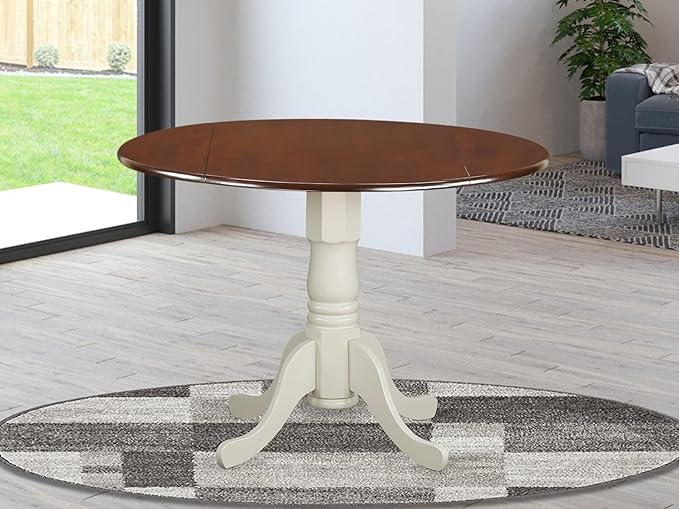 East West Furniture DLT-MLW-TP Dublin Modern Dining Table - a Round Kitchen Table Top with Dropleaf & Pedestal Base, 42x42 Inch, Mahogany & Linen White