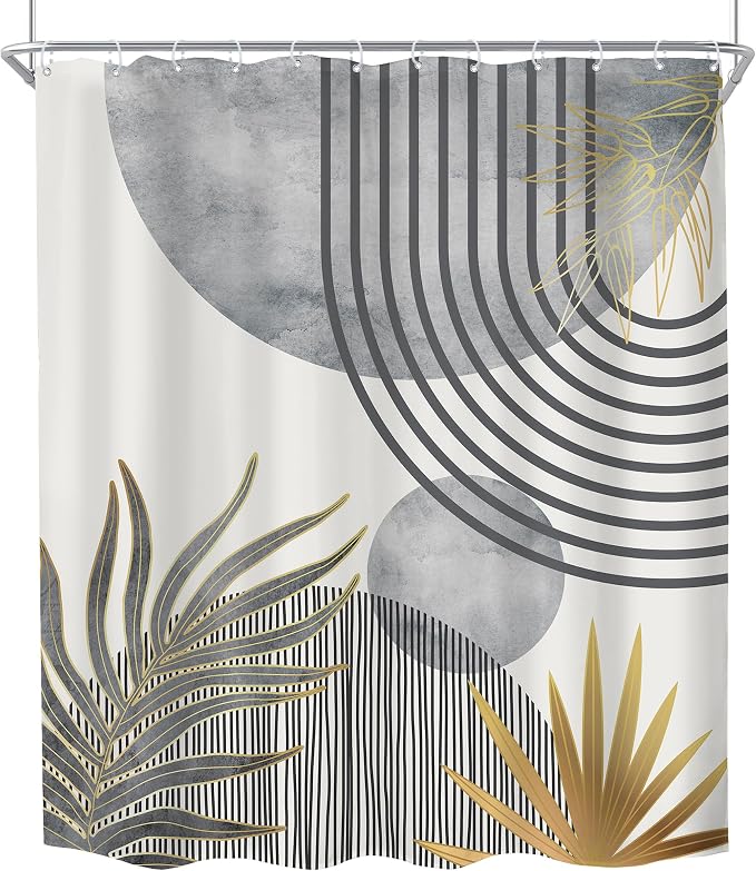 KOMLLEX Mid Century Boho Shower Curtain for Bathroom Decor Abstract Grey Modern Minimalist Gold Aesthetic Sun Arch Curve Leaves Geometric Neutral Fabric Waterproof Polyester 12 Pack Hook 60Wx72H