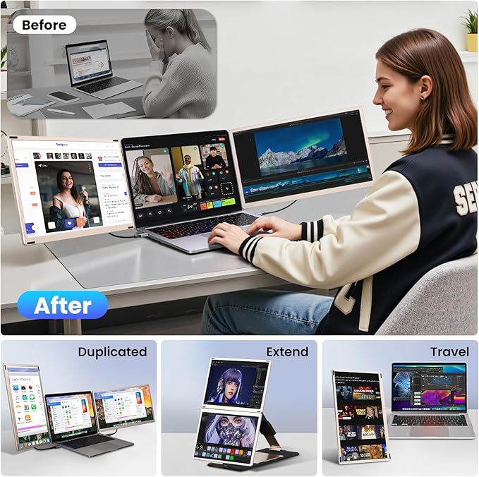 Enzion Laptop Screen Extender,Upgraded 15.6" Portable Monitor,FHD 1080P Triple Laptop Screen Extender,Detachable Dual Monitor for 13”-17” Laptops,Plug & Play,Compatible with Mac/Wins/Chrome/Dex