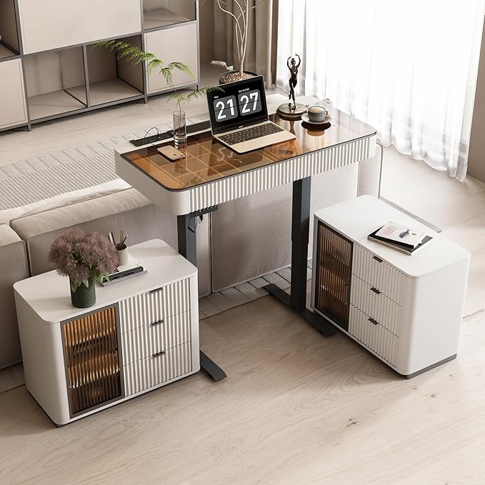 Lartis Office Desk, Electric Standing Desk with Built-in Outlets, Tempered Glass Top Modern Office Computer Desk with 2 Side cabinets (Ivory White, 50)