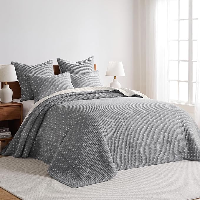 Levtex Home Cross Stitch Reversible Full Bedspread Set (100x104in) with 2 Pillow Shams (26x20in) - Stitch Texture - Grey and White - Cotton Full Size Bedspread Set - Lightweight, Soft, Pre-Washed