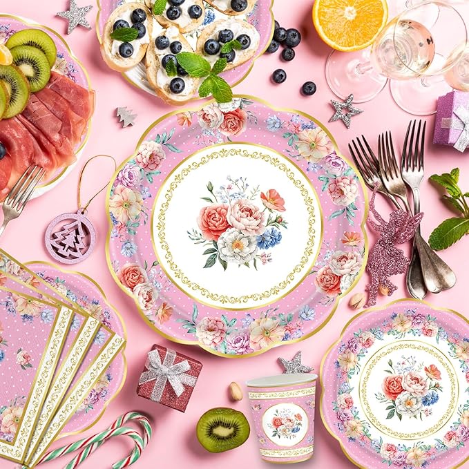140Pcs Tea Party Decorations Tableware Set Floral Plates and Napkins for Birthday Party, Baby Showers, Bridal Showers, Wedding Bachelorette Party Supplies Floral Tea Party Plates, Serves 20 (Pink)