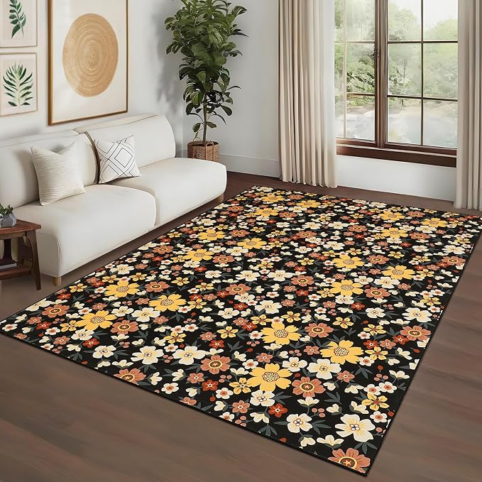 Washable 10x13 Modern Floral Area Rug for Living Room Low Pile Soft Bedroom Rugs Non Slip Abstract Floral Large Carpet Thin Foldable Modern Indoor Carpet for Playroom Open Living Room, Black