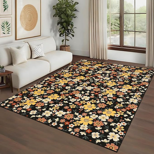 9x12 Area Rug Washable Modern Floral Rug for Living Room Low Pile Soft Bedroom Rugs Non Slip Modern Indoor Large Carpet Thin Foldable Floral Carpet for Nursery Dining Playroom, Black