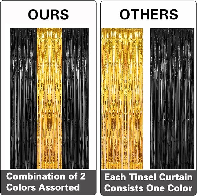 2 Pack 3.2x8.2 Feet Black and Gold Tinsel Backdrop Party Decorations, Foil Fringe Curtains Backdrop for Birthday Graduation Wedding Engagement Bridal