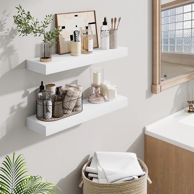 Fun Memories Floating Shelves Set of 2, 24 Inch Floating Shelves for Wall, Wood Wall Shelves with Invisible Brackets, for Bathroom, Bedroom, Living Room, Kitchen, White