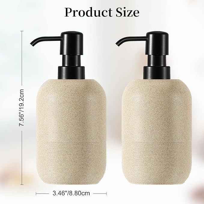 Luxspire 2 Set Soap Dispenser Cylinder-Shaped Resin and Gravel Liquid Soap Dispenser with Pump, 450ml Shampoo Container, Decorative Hand Soap Bottle for Bathroom, Kitchen and Hotel, Beige