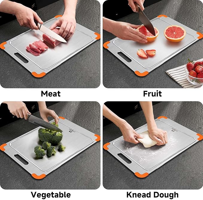 100% Pure Titanium Cutting Board with Grooves, Update Double Side Titanium Chopping Board, Silicone Anti-slip Stainless Cutting Boards for Kitchen 8 * 12 IN, Orange