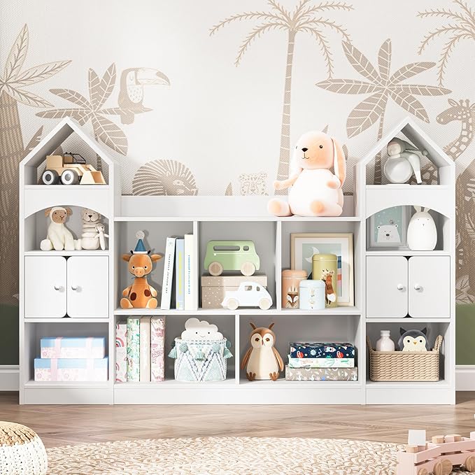 Castle Shape Children's Bookshelf, Kids Bookcase Display Case Kids Toy Storage Organizer Multifunctional Storage Cabinet Bookshelf Suitable for Playroom, Children's Room, Living Room, White