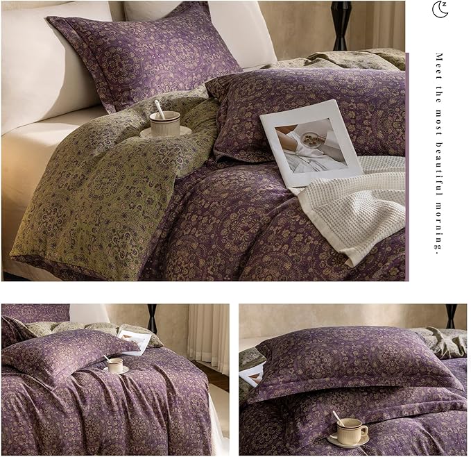 VM VOUGEMARKET Jacquard Flower Duvet Cover Twin,Purple Green Floral Duvet Cover Set Yarn-Dyed Cotton Boho Medallion Bedding Set,Retro Reversible Duvet Cover with Zipper Ties