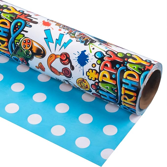 Altarho Reversible Birthday Gaming Wrapping Paper Roll - 17 Inch x 33 Feet - Video Game Birthday Gift Wrap for Game Lover Party