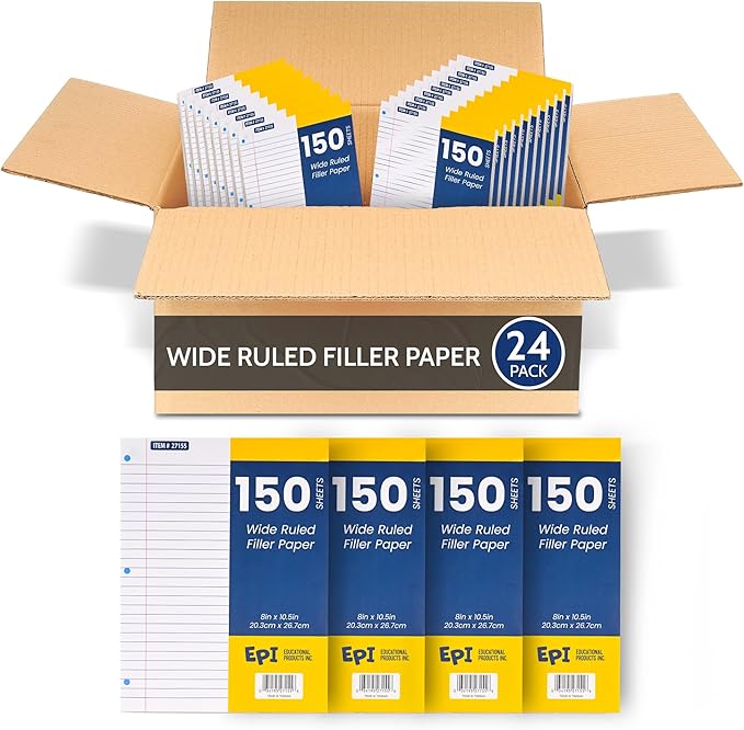 EPI Filler Paper, Wide Ruled Loose Leaf, 3-hole punch, 150 Sheet, 10.5 x 8 Inch, Pack of 24 (3,600 sheets)