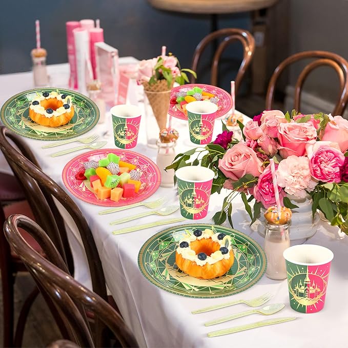 Roshtia 25 Set Witch Party Supplies Pink and Green Paper Plates Napkins Tablewares Disposable Witch Dinnerware for Girls Women Witchy Birthday Party Decorations Favors