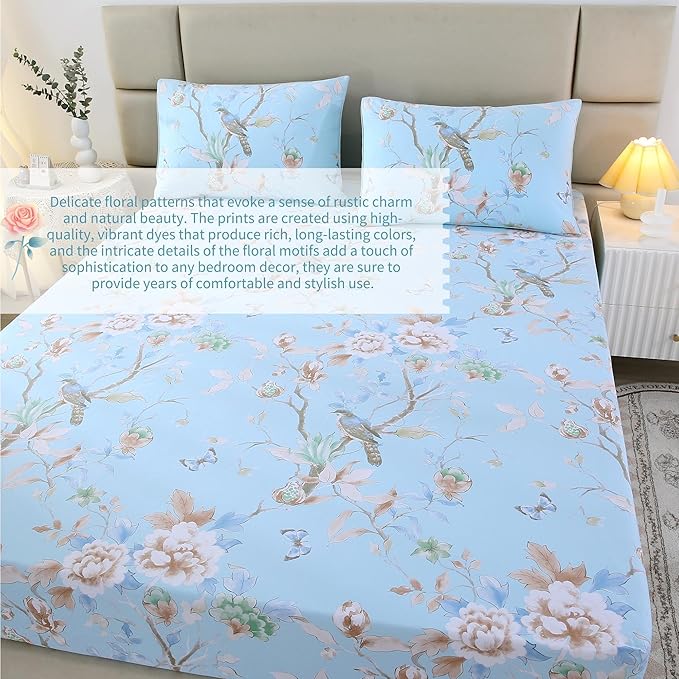 RYNGHIPY Egyptian Cotton Bed Sheet Set Blue Bird Botanical Pattern Bed Sheets Deep Pocket Fitted Sheet Tree Branches Print Bedding Soft Breathable (Light Blue,King Size)