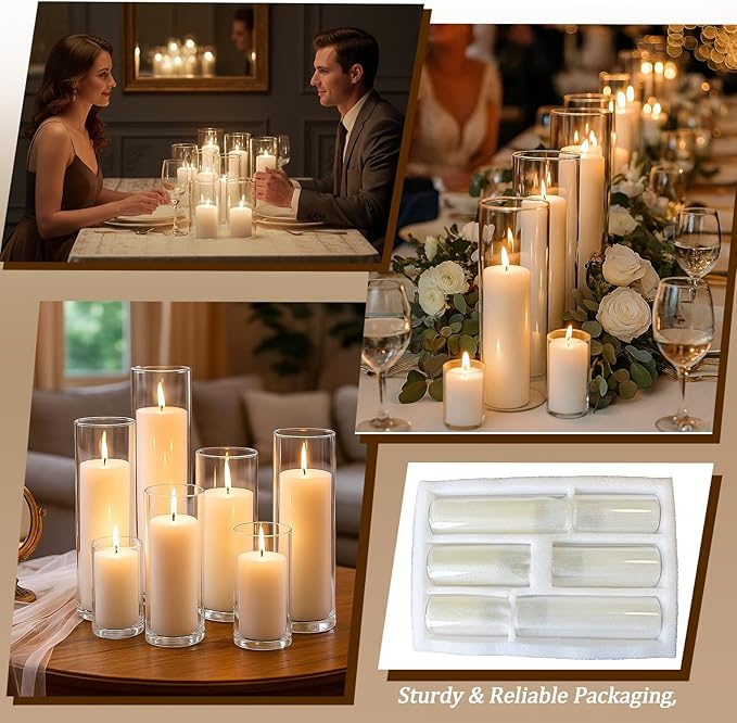 24 PCS White Pillar Candles (2''X3,4,6) and Glass Cylinder Vases(2.6''X5,6,8),Hurricane Candles,Perfectly Sized for use as a Centerpiece Candle Decoration on Wedding Tables!