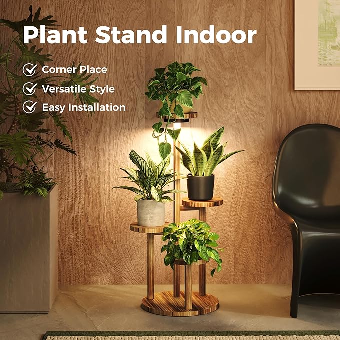 Bamworld Plant Stand Indoor with Grow Lights Plant Shelf 4 Tier Wood Plant Stand for Multiple Plants Tall Corner Plant Stands for Outdoor Round Flower Stand Plant Holder for Living Room Patio Garden Balcony