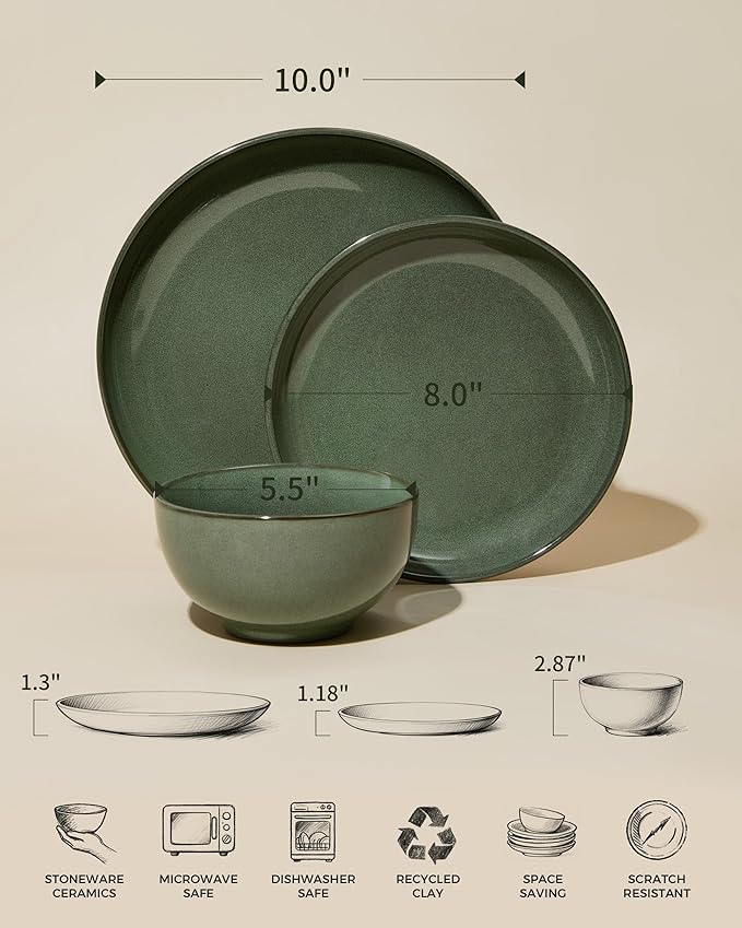 Pokini Stoneware Dinnerware Sets, Ceramic Plates and Bowls Set, Microwave & Dishwasher Safe Kitchen Dishes, Modern Dinner Salad Plates | Cereal Bowls, Dishware Sets Service for 4 Forest Green