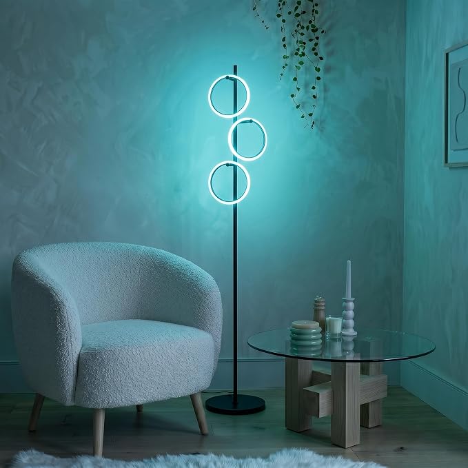 Brightech Saturn Modern Color Changing Floor Lamp - Tall Tree LED Lamp Perfect for Living Room Decor - Beautiful RGB Color Gradient and 3 LED Lights for Bedroom, Office, Reading - Black