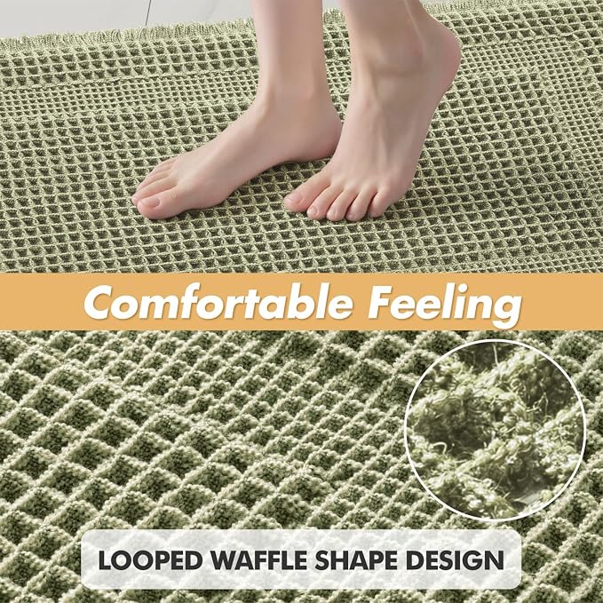 MIULEE Set of 2 Waffle Bathroom Rugs, Boho Bath Rug Super Absorbent, Non Slip Washable Ultra Soft Rubber Backed Shower Bath Mats for Floor, Tub, Shower, Looped Design, Sage Green, 18x30 Inch