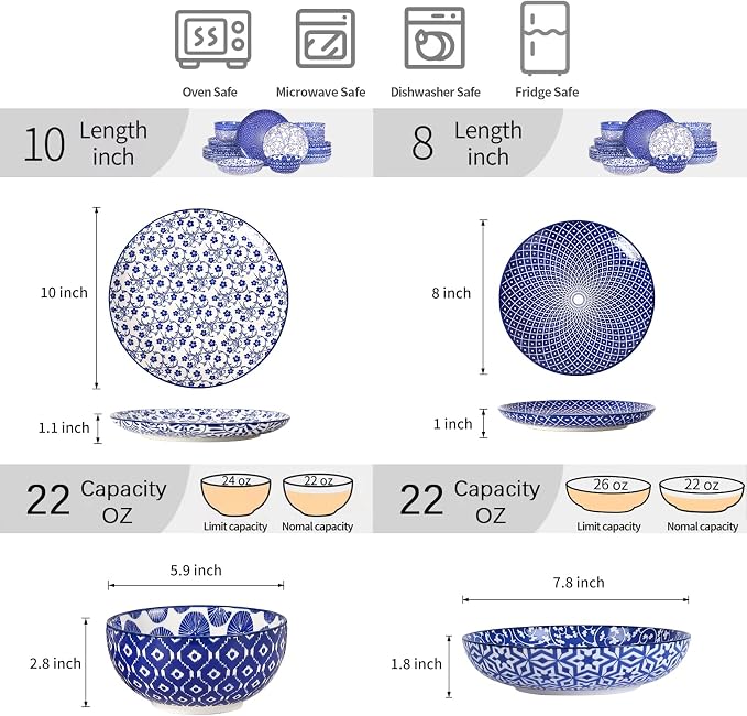 Selamica Ceramic Plates and Bowls Sets,24 Pieces Dinnerware Sets for 6,Scratch Resistant Dish Set for holiday gathering, Dishwasher & Microwave Safe, Vintage Blue