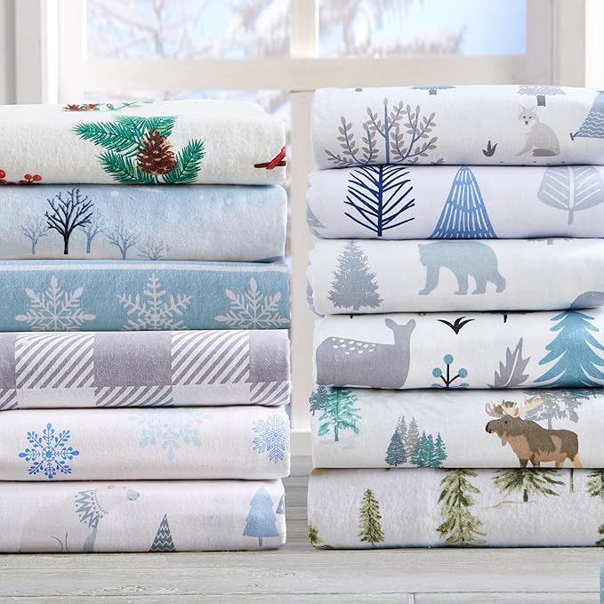 Market & Place 100% Cotton Twin Flannel Sheet Set | 3 Piece Deep Pocket Novelty Cozy Winter Bed Sheets | Double Brushed for Extra Softness & Comfort | Alpine Collection (Twin, Striped Snowflake)