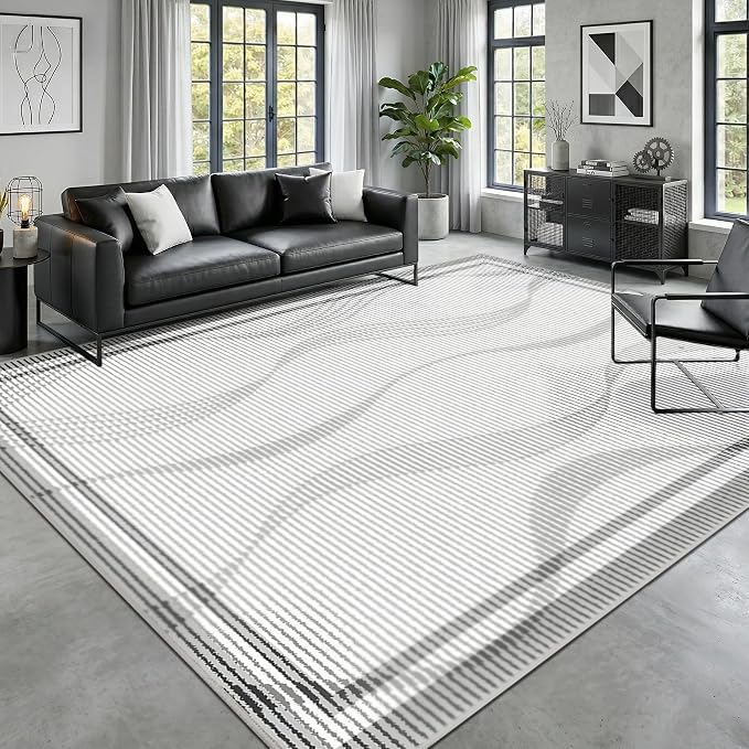 Merelax 6x9 Area Rugs for Living Room - Washable Non-Slip Large Bedroom Rug, Indoor Floor Carpet Low Pile Soft Farmhouse Rug for Dining Room, Mudroom, Modern Aesthetic Geometric Decor, Grey