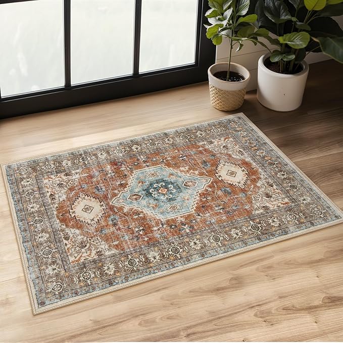 Lahome Oriental Small Rugs for Entryway, 2x3 Rug Non Slip Washable Fall Door Mat Indoor Entrance Ultra-Thin Vintage Soft Carpet for Kitchen Bedroom Front Door Bathroom, Orange/Multi