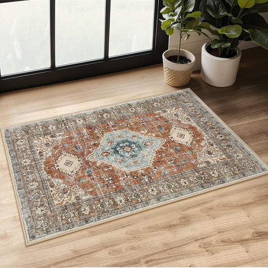 Lahome Oriental Small Rugs for Entryway, 2x3 Rug Non Slip Washable Fall Door Mat Indoor Entrance Ultra-Thin Vintage Soft Carpet for Kitchen Bedroom Front Door Bathroom, Orange/Multi