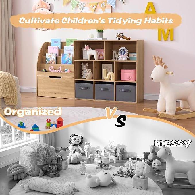 Kids Bookshelf and Toy Storage, Toy Storage Organizers with Movable Drawers & 3 Storage Bins, Kids Reading Nook Toy Organizers Shelf with 5 Cubbies, Natral Wood