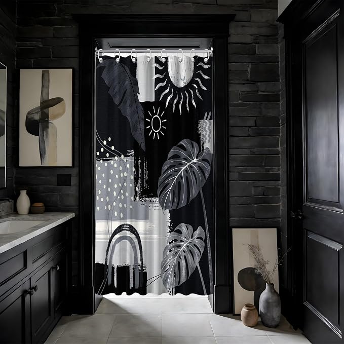 Small Stall Narrow Shower Curtain Black and Gray Stand Up Dark Black and Grey Abstract Shower Curtains for Rv Camper Bathroom Decor Sets, Waterproof Cloth Fabric with Hooks, 48 x 72 Inch