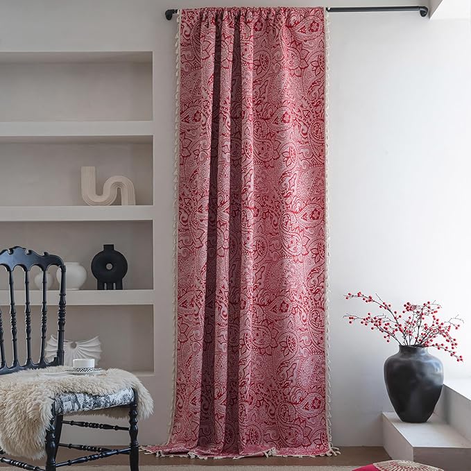 ENJOYBRIDAL Red Paisley 96 Inch Curtains for Bedroom Boho Drapes Semi Sheer Rod Pocket 2 Panels Long Window Curtain Panels for Living Room Farmhouse Jacquard Decorative Vintage Window Treatments