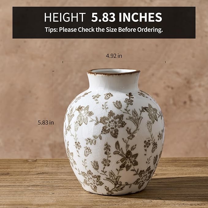 SIDUCAL Ceramic Vintage Vase, 5.83 Inch Retro Ice Cracked Chinoiserie Floral Vase, Rustic Farmhouse Vases for Home Decor, Bookshelf, Garden, Chinoiserie Decor, Tuscan Decor, Brown Floral Pattern