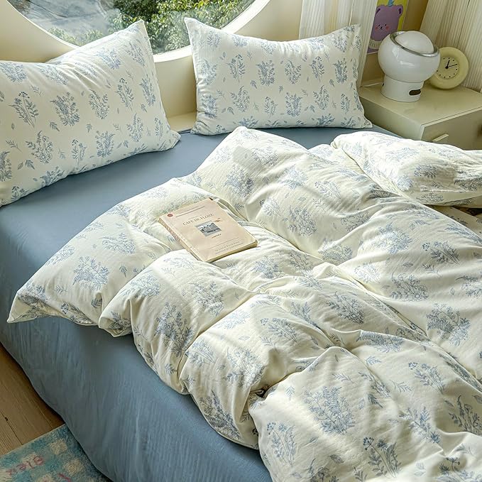 LifeTB Muslin Duvet Cover Set Full Vintage Botanical Floral Duvet Cover 100% Cotton Linen Feel Flower Bedding Set Super Soft Gauze Comforter Cover Breathable Lightweight Cottagecore Bedding Set