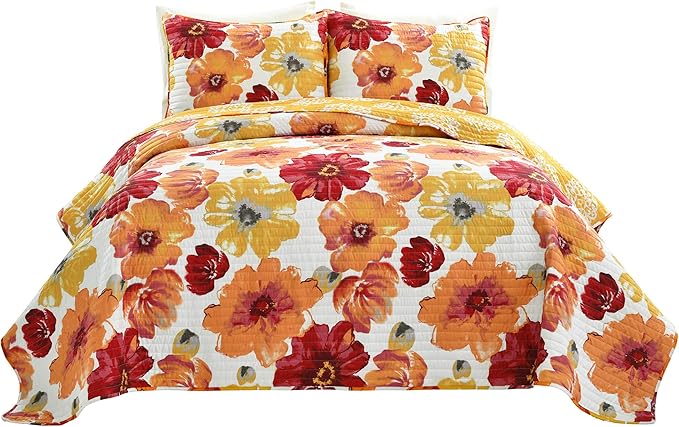 Lush Decor Leah Reversible Floral Quilt Set, 3 Piece Set, Full/ Queen, Red & Orange - Watercolor Botanical - Cottage Core - French Country Decor- Bedding Queen Size