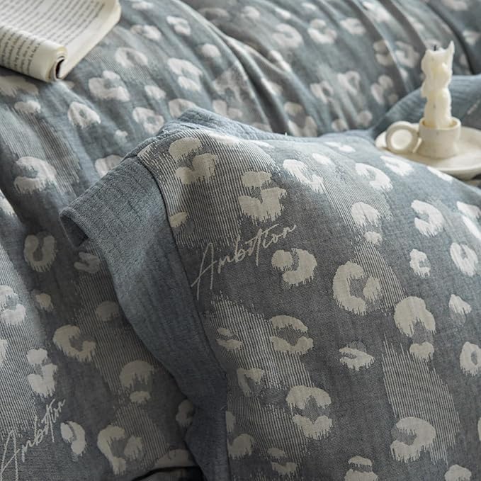 Jacquard Leopard Duvet Cover King Yarn-Dyed Linen Cotton Duvet Cover Vintage Grey Leopard Print Bedding Set Floral Muslin Cotton Jacquard Comforter Cover Boho Leopard Pattern Duvet Cover for Men Women