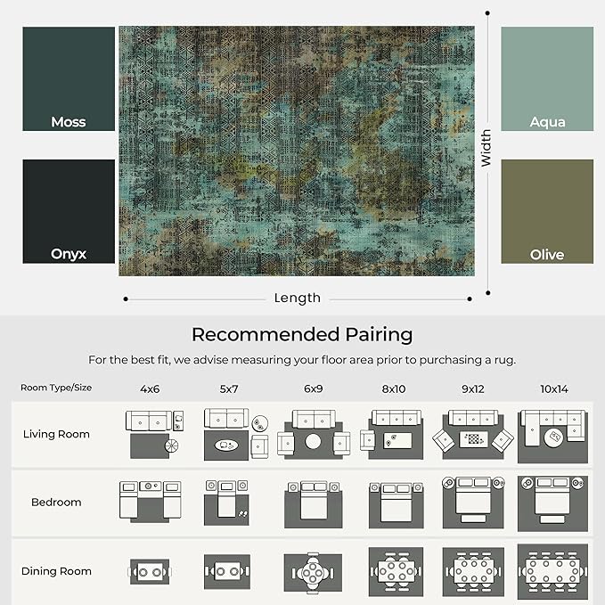 Kokia Abstract 8x10 Area Rugs Living Room Washable Dark Green Low Pile Non-Slip Indoor Decor Carpet Foldable Stain Resistant Ombre Rugs Bedroom Dining Room, Oslo Moss