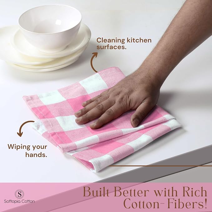Buffalo Check 12 Pack Kitchen Towels, 16"x26", Plaid Dish Towels, 100% Cotton, Absorbent, Washable, Everyday Kitchen Essentials, Soft Cloths for Cleaning, Drying Hands, Pink White
